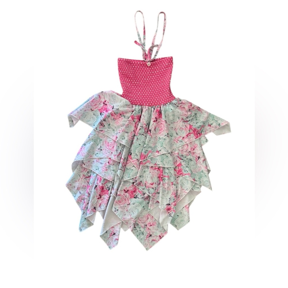 BMG Girls Floral Smocked Dress Size 6 Pink Boho Handkerchief Hem